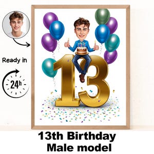 Benutzerdefinierte 13 Jungen Cartoon Porträt, 13. Geburtstag Karikatur, Geburtstag Cartoon, personalisierte Geburtstagsgeschenk, Jungen Geburtstag, 13