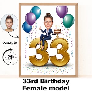 Portrait de femme 33e dessin animé personnalisé, caricature 33e anniversaire, dessin animé d'anniversaire, cadeau d'anniversaire personnalisé, anniversaire de femme, carte 33e