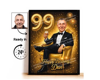 Aangepaste karikatuur voor 99e verjaardag, 99e verjaardag, karikatuurtekening, wenskaart, verjaardagskaart, verjaardagsuitnodiging, jubileumkaart