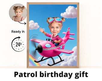 Peut inclure: Portrait de dessin animé encadré d'une jeune fille dans un avion rose sur fond de ciel bleu avec des nuages et un arc-en-ciel. L'image comprend une petite photo de la fille et le texte "Ready in 24h". Les mots "Patrol birthday gift" sont en bas.