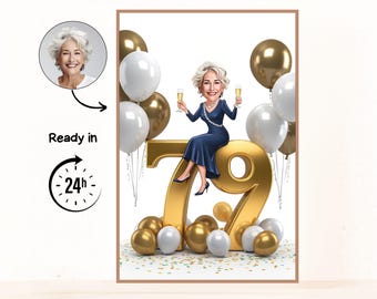 Caricatura personalizada para 79 cumpleaños, 79 aniversario, dibujo de caricatura, tarjeta de felicitación, tarjeta de cumpleaños, invitación de cumpleaños, tarjeta de aniversario