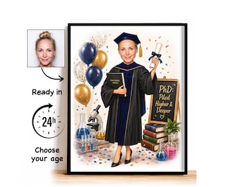 Custom PhD Graduation Caricature from Photo, Piled Higher and Deeper Cartoon Portrait, PhD Graduation Gift for Her, Class of 2027