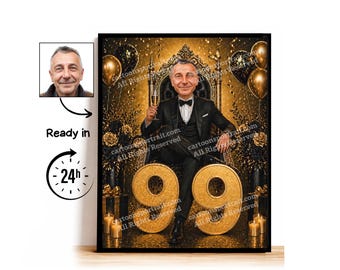 Aangepaste karikatuur voor 99e verjaardag, 99e verjaardag, karikatuurtekening, wenskaart, verjaardagskaart, verjaardagsuitnodiging, jubileumkaart