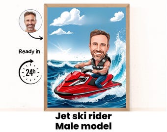 Retrato de desenho animado masculino de jet ski / Presente de jet ski / Caricatura de jet ski personalizada / Caricatura de jet ski com foto / Presente para jet skier / Porto de jet ski