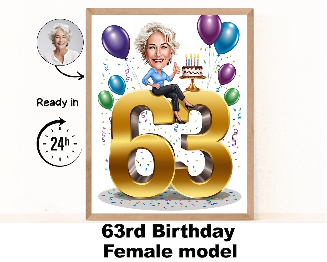Custom 63rd Woman Cartoon Portrait, 63rd Birthday Caricature, Birthday ...