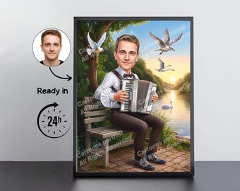 Accordionist Gift – Custom Caricature Portrait From Your Photo / Accordionist