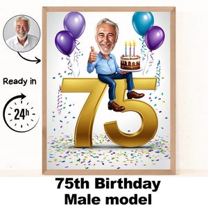 Ritratto di uomo personalizzato per il 75° compleanno, caricatura per il 75° compleanno, cartone animato di compleanno, regalo di compleanno personalizzato, compleanno di un uomo, biglietto per il 75° compleanno