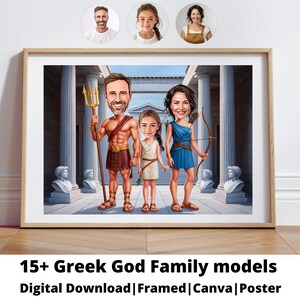 Griechischer Gott Familienporträt | Benutzerdefinierte griechische Gott Familienkarikatur | Mythologie Karikatur vom Foto | Geschenk für Familie | Griechischer Gott Familienkarikatur