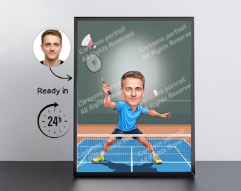Badminton Player Gift – Custom Caricature Portrait From Your Photo / Badminton player