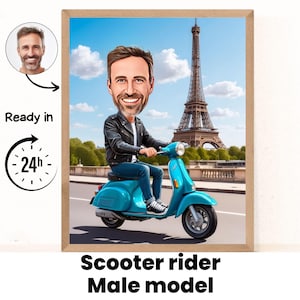 Retrato de caricatura de scooter personalizado, dibujo de caricatura de Vespa personalizado, caricatura divertida de mod, regalo para entusiastas de Vespa, Vespa, Lambretta