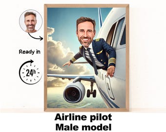 Cartoon Pilot Portrait, Pilot Caricature Gifts, Aviation Gifts, Airplane Airline Pilot Birthday Gift ideas for Women Men,Pilot Gifts for Men