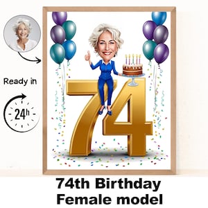 Portrait personnalisé de dessin animé de femme 74e, caricature de 74e anniversaire, dessin animé d'anniversaire, cadeau d'anniversaire personnalisé, anniversaire de femme, carte 74e