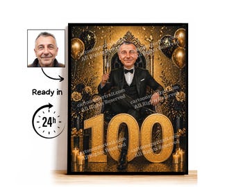Aangepaste karikatuur voor 100e verjaardag, 100e verjaardag, karikatuurtekening, wenskaart, verjaardagskaart, verjaardagsuitnodiging, jubileumkaart