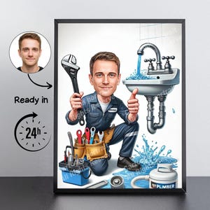 Cadeau plombier : portrait caricaturé personnalisé à partir de votre photo / plombier