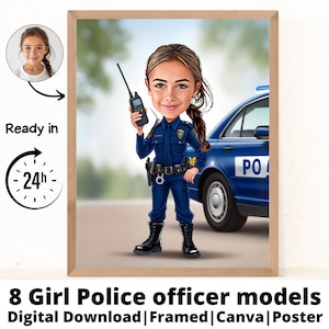 Police officer girl cartoon Portrait / Police officer daughter gift / Police officer niece gift / Gift for kid / Custom Police officer Caric