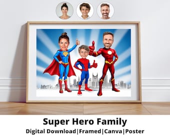 May include: A digital illustration of a family dressed as superheroes. The father is dressed as the Flash, the mother is dressed as Superman, and the son is dressed as Spiderman. The family is standing in front of a city skyline.