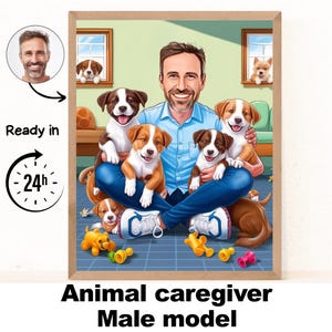 Dierlijke verzorger mannelijk cartoonportret / cadeau dier verzorger / aangepaste karikatuur dier verzorger / karikatuur dier verzorger van foto