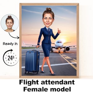 Retrato de caricatura de azafata de vuelo personalizado, caricatura de tripulante de cabina, regalo para tripulante de cabina femenina, caricatura divertida de tripulante de cabina a partir de una foto