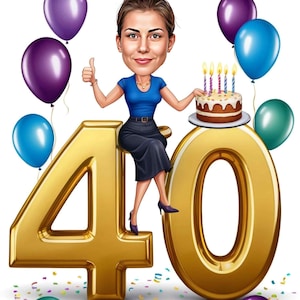 Portrait personnalisé de dessin animé de femme 40e, caricature de 40e anniversaire, dessin animé d'anniversaire, cadeau d'anniversaire personnalisé, anniversaire de femme, carte de 40e
