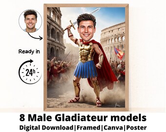 Personalized Gladiator Cartoon Portrait, Custom Gladiator Caricature Drawing from Photo, Funny Gladiator Caricature, Gift for Dad