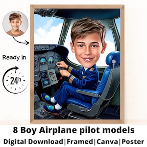Könnte beinhalten: Eine digitale Illustration eines Jungen, der als Flugzeugpilot in einer blauen Uniform mit weißem Hemd und blauer Krawatte gekleidet ist. Er sitzt im Cockpit eines Flugzeugs. Das Bild ist ein digitaler Download und kann verwendet werden, um einen gerahmten Druck, einen Leinwanddruck oder ein Poster zu erstellen.
