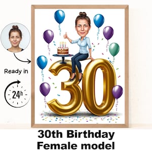 Portrait de femme dessin animé personnalisé 30e anniversaire, caricature de 30e anniversaire, dessin animé d'anniversaire, cadeau d'anniversaire personnalisé, anniversaire de femme, carte 30e
