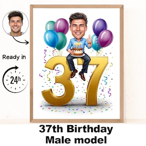 Benutzerdefiniertes 37. Mann-Karikaturporträt, Karikatur zum 37. Geburtstag, Geburtstagskarikatur, personalisiertes Geburtstagsgeschenk, Geburtstag des Mannes, Karte 37