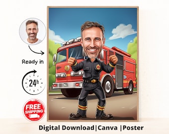 Firefighter cartoon Portrait| Son Gift |Brother gift |Dad gift|colleague gift| Firefighter caricature from photo|Cartoon portrait from photo