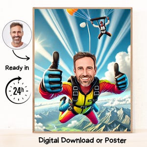 Skydiver Cartoon Drawing from Photo, female Skydiver Cartoon, Skydiver Caricature, Funny Skydiver Gift, Skydiving Portrait