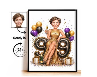 Aangepaste karikatuur voor 99e verjaardag, 99e verjaardag, karikatuurtekening, wenskaart, verjaardagskaart, verjaardagsuitnodiging, jubileumkaart