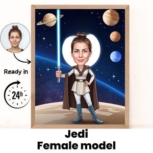 Retrato de caricatura de mujer Jedi / Regalo Jedi / Caricatura Jedi personalizada / Caricatura Jedi de foto / Regalo para Jedi / Retrato Jedi / Jedi