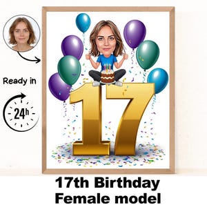 Benutzerdefinierte 17. Frau Cartoon Portrait, 17. Geburtstag Karikatur, Geburtstag Cartoon, personalisiertes Geburtstagsgeschenk, Geburtstag der Frau, 17. Geburtstag einzigartige Karte