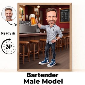 Retrato de desenho animado de barman | Presente de barman | Caricatura de barman personalizada a partir de foto | Presente de caricatura de barman | Desenho animado de barman