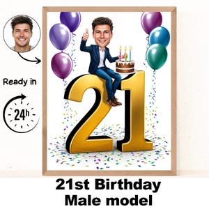 Portrait personnalisé de dessin animé d'homme 21e, caricature de 21e anniversaire, dessin animé d'anniversaire, cadeau d'anniversaire personnalisé, anniversaire d'homme, carte unique 21e