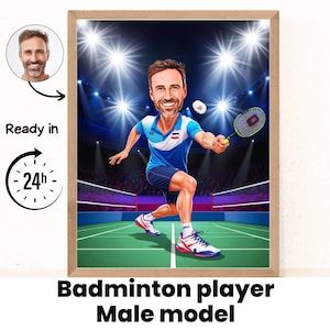 Regalo de bádminton, caricatura de bádminton a partir de una foto, dibujo divertido de bádminton, retrato digital divertido de un jugador de bádminton, caricatura de bádminton