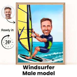 Retrato de dibujos animados de windsurf / Regalo de windsurf / Caricatura de windsurf personalizada / Caricatura de windsurf de foto / Regalo para windsurfista / Arte de windsurf