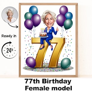 Retrato de desenho animado personalizado de mulher de 77 anos, caricatura de aniversário de 77 anos, desenho animado de aniversário, presente de aniversário personalizado, aniversário de mulher, cartão de 77 anos