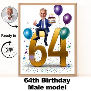 Retrato de caricatura de hombre para 64 años, caricatura de cumpleaños, caricatura de cumpleaños, regalo de cumpleaños personalizado, cumpleaños de hombre, tarjeta para 64 años