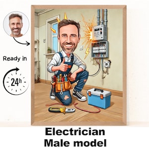 Electrician Gift - Custom Portrait as Yellow Cartoon Character / Electrician Gifts Cartoon Wireman Gift / Lineman Gifts Electrical Engineer