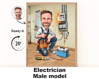 Electrician Gift - Custom Portrait as Yellow Cartoon Character / Electrician Gifts Cartoon Wireman Gift / Lineman Gifts Electrical Engineer
