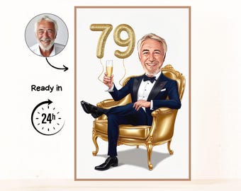 Caricatura personalizada para 79 cumpleaños, 79 aniversario, dibujo de caricatura, tarjeta de felicitación, tarjeta de cumpleaños, invitación de cumpleaños, tarjeta de aniversario