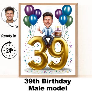 Retrato de caricatura de hombre número 39 personalizado, caricatura de cumpleaños número 39, caricatura de cumpleaños, regalo de cumpleaños personalizado, cumpleaños de hombre, tarjeta de cumpleaños número 39