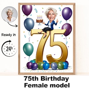 Custom 75th Woman Cartoon Portrait, 75th Birthday Caricature, Birthday Cartoon, Personalized Birthday Gift, Woman's Birthday, 75th Card