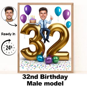 Benutzerdefinierte 32 Mann Cartoon Porträt, 32 Geburtstag Karikatur, Geburtstag Cartoon, personalisiertes Geburtstagsgeschenk, Mann Geburtstag, 32 Karte