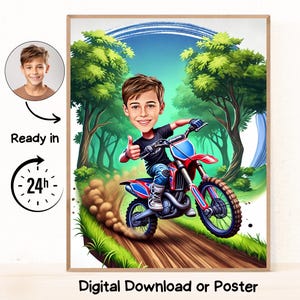Custom Motocross Cartoon Portrait, Motocross Portrait, Gift for Motorcyclist, Motocross Caricature, Caricature from Photo, Motocross Drawing