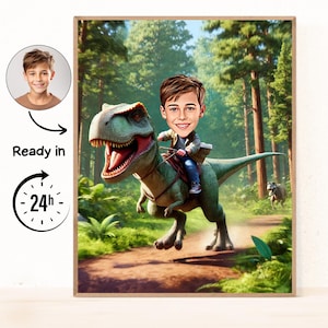 Retrato personalizado de niños de dinosaurios jurásicos, fiesta de cumpleaños de dinosaurios, caricatura de dinosaurio personalizada, Trex de dibujos animados, ilustración de jinete de dinosaurios