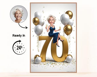 Pode incluir: Ilustração emoldurada de uma mulher celebrando seu 70º aniversário. Ela está sentada em um grande número dourado 70, segurando taças de champanhe, cercada por balões dourados e brancos. Inclui o texto "Ready in 24h".
