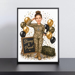 Op de afbeelding: Een ingelijste illustratie van een persoon in een camouflage militair uniform die salueert, een diploma vasthoudt en dogtags draagt. Daarnaast staan een krijtbord met de tekst Strong & Proud, een camouflage plunjezak en goudkleurige en zwarte ballonnen.