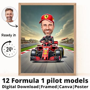 Retrato de desenho animado masculino personalizado de Fórmula 1, presente para fãs de F1, presente de Fórmula 1, desenho animado de Fórmula 1, caricatura personalizada de foto, Max Verstappen