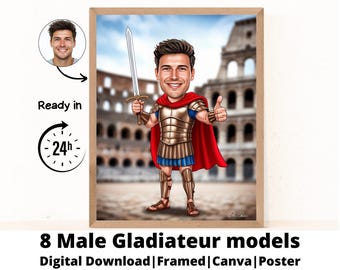 Personalized Gladiator Cartoon Portrait, Custom Gladiator Caricature Drawing from Photo, Funny Gladiator Caricature, Gift for Dad